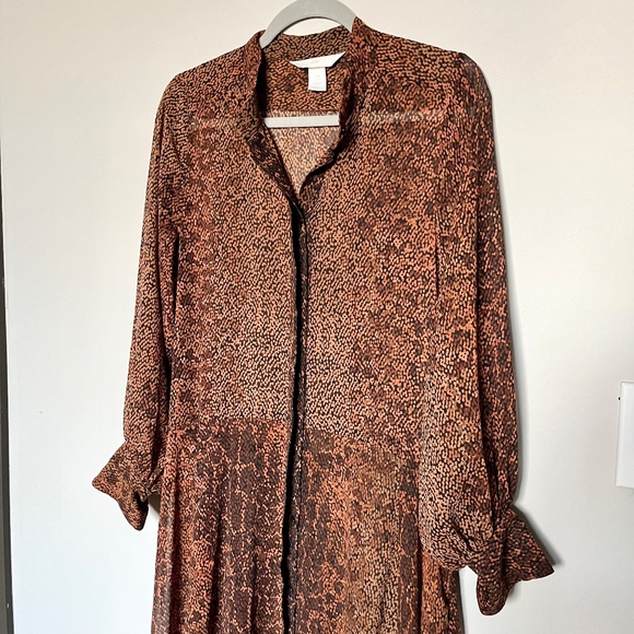 H&M Cuffed Sleeve Button-front Printed Brown Chiffon Midi Dress Sheer Size 6 - Picture 7 of 14